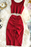 Summer Women 2pcs Set Black/Red Vintage Round Neck Knitted Short Tops + Drawstring Bodycon Skirt Female Two Piece Set