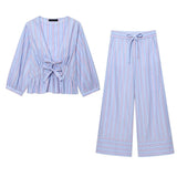 New Female Decoration Bows Striped V Collar Short Shirt Casual Trousers