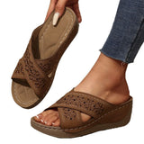 Thick Bottom Hollow Cross-Slippers Female Slope And Embroidered Beach Fish Mouth Side Empty Toe Cool