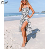 Print Lace Up Split Slip Midi Dress For Women Sexy Spaghetti Straps Beach Dress 2023 Summer Sundress
