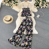 Women Summer Maxi Print Pants Suits New Sleeveless Strap Tops Female Casual Chiffon Two Pieces Sets Beach