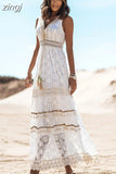 Dress Women Summer Sleeveless Dress Female Solid Lace V Neck Sundress Ladies Hollow Out Beach Dress Vestidos De