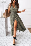 Short Sleeve V Neck Bohemian Long dress Women Polka Dot Print Casual Split Beach Maxi Sundress