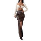 Zingj Women's Wear 2024 Leather Design Sense Open Fork Solid Color High Waist Simple Leather Slim Body
