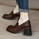 Women's 2025 Spring And Autumn Retro Large Belt Buckle Deep Thick-Sed Thick Heel Round Head Tight With High