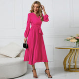 Thin Women's New Long-Sleeved Slim 100-Folded Belt V-Neck Dress