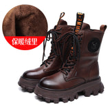 Layer Of Cowhide Autumn And Winter Plus Velvet Warm New Baibian Cake Bottom Cylinder Zipper Locomotive Boots Martin Boots