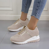 Leisure Thick-Sed Airable Sneakers Women's Slope Heel With Mesh Color Panel Shoes
