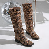 Leopard-Print Round Head And Long-Heeling Boots Girl Retro Large-Size Western Cowboy Long-Sleet Fashion