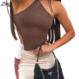 Ladies Sexy Backless Chest Wrap Women Solid Color Hanging Neck Lace-Up Sleeveless Knitted Camisole Irregular Hem
