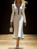 Autumn And Winter Women's Elegant Long-Sleeved Knitted Dress V-Neck Knitted