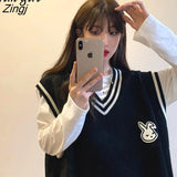 Fashion Oversized Black Sweater Vest Deeptown Preppy Style Knit Sweater Women Rabbit Print Harajuku Kawaii Cute