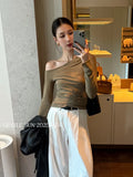 Xixi 2025 Autumn New White Label Elegant Oblique Shoulder Imitation Wool Knitted Shirt Long Sleeve Top Sweater