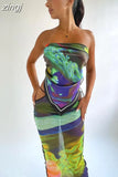 Fashion Mesh Vacation Two Piece Set Women Summer Bandage Strapless Tube Top+Hollow Maxi Skirt Matching Beach