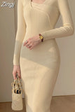 Women Wrap Slim Bodycon Dress Diagonal Collar Long Sleeve Sheath Knitwear Office Midi Dresses Female Autumn Winter