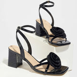 Women's High-Heeled Shoes Three-Dimensional Flowers Square Head Thick Heel Spring And Summer Fashion Party Party Stage Black