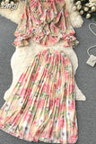 Autumn Women Draped Floral Two Piece Set Vintage Flower Printed Ruffle Blouse + High Waist Pleated Skirt 2Pcs Suits