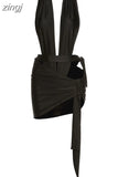 Summer Sexy Beach Vacation Two Piece Set Women Solid Skinny V Neck Low Chest Bikini Bodysuit Skirt Matching