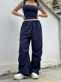 Streetwear Drawstring Low Waist Casual Blue Women's Pants Harajuku Baggy Trousers Hip Hop Wide Leg Capris Summer