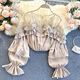 Elegant Design Lace Ruffled Shirts Women Sweet Korean Style Long Puff Sleeve Ladies Tops Female Spring Sexy White