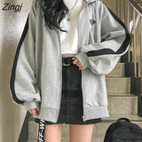 Women Thiceken Hooded Zip-up Open Stitch Aesthetic Leisure Style Chic Streetwear Unisex Teens Outerwear Basic Looe