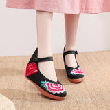 Zingj Heels Single Shoes Beef Tendon Bottom Spring And Autumn Style A Word Buckle Buckle Embroidered Cloth Shoes Slope Heel Women's