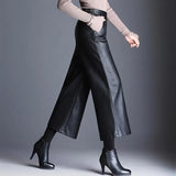 Size Pu Faux Leather Wide Leg Ankle-length Pants Women Baggy Black Shiny High Waist Womens Loose Pant 2023 Korean