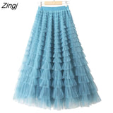 Tulle Long Skirts Womens Spring Summer Korean Style Solid High Waist A-Line Tutu Skirt Female Mesh Pleated Maxi