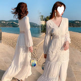 Zingj Photo 2023 New Beach Dress V-Neck High-Waist Dress Shows Thin White Hollow-Out Lace