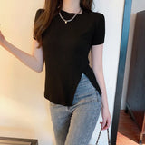 Zingj Summer Wear New Net Red Ins Super Fire Slim Versatile Side Slit Black Short-Sleeved T-Shirt Women's Chic Top