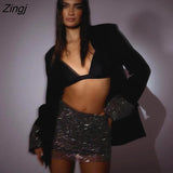 Diamond Loose Blazer Low Waist Mini Skirt Set Women Bright Mesh Hollow Out Wrap Skirt Long Sleeve Shoulder Pads