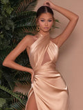 Satin Elegant Party Midi Dress Hollow Out Backless Bodycon Folds High Split Bandage Sleeveless Sexy Sparkly Dress