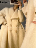 Winter Long Vintage White Thick Warm Fluffy Wool Blends Coat Women Double Breasted Elegant Luxury Designer Clothes