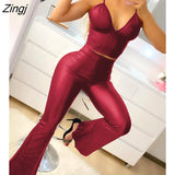 Autumn Spring Women V-Neck Sexy Eyelash Lace Sleeveless PU Leather Spaghetti Strap Crop Top & Flared Pants Set Suit