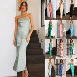 Zingj Spring And Summer New Temperament Famous Yuan Satin Hollow Out Back Wipe Chest Money Dress Long