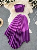 Women Sexy Pleated Two Piece Set Vacation Beach Hit Color Strapless Tops Camis + High Waist Irregular Draped Skirt