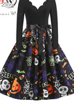 Women Halloween Christmas Party Dress Long Sleeve V Neck Pumpkin Print Vintage Casual A-line Dresses Vestidos