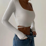 Zingj Summer New Trend Sexy Sweet And Hot Wind French Square Collar Navel Design Sense Long-Sleeved Top
