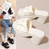 Large-Size Square Head High-Heeled Slippers Women Thick Bottom Waterproof Table Folds Coarse And Cold