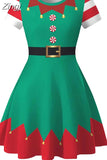 Dress Women Casual Elegant Print Red Xmas Party Dress Vintage Retro O-neck Short Sleeve A-Line Vestidos Robe