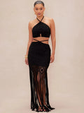 Summer Women's New Hollow Open Waist Design Hanging Neck Knitted Tuxedry Dress Romantic Sweet