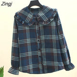 Sweet Plaid Shirt Women Kawaii Peter Pan Collar Lolita Blouse Japanese Preppy Style Puff Sleeve Top Blusas Mujer De