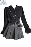 Women 2 Piece Sets Black vintage Gothic Chiffon Fishtail Shirt Sexy Skirt Female Slim Grey Pleated Skirts 2023 Autumn