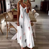 Zingj And Summer New Sleeveless Slim Feather Print Low Breast V Collar Sling Large Hem Skirt Women's Dress-Outfit