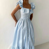 Temperament Commuting Style Leaf Side Striped Dress Women's Summer Senior Neck Cuff Double Design Women's