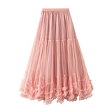 Swing Design Fashion Mesh Dress Sweet Wooden Ear Lace A Word Big Swing Ponum Skirt