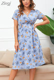 Floral Print Summer Dress Women V Neck Chiffon A Line Casual Beach Dress Vintage Elastic Waist Midi