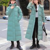 Long Hood Down Parka Women Outwear Korean Casual Zipper Cotton-padded Jacket Coat Fashion Thick Warm Oversized Coat