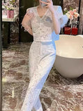 Temperament Famous Lady Light Luxury Two Sets Of 2025 Autumn And Winter New Embroidery Flowers Ostriches Hair High Waist Broad Leg Trousers Set