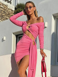 New Women's Sexy Hollow Word Collar Shoulder Long Sleeve Dress Irregular Ribbon Dress Dress
